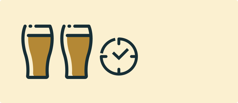 Two illustrated glasses of beer with a clock next to it. 