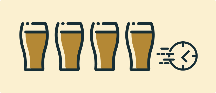 4 illustrated glasses of beer with a fast moving clock next to it.